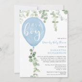 Baby shower blauwe ballon eucalyptus kaart (Voorkant)