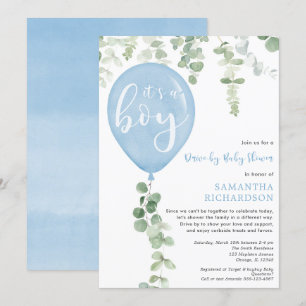 Baby shower blauwe ballon eucalyptus kaart