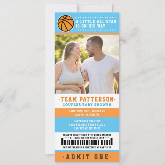 baby shower blauwe Basketball Ticket Couples Foto Kaart (Voorkant)