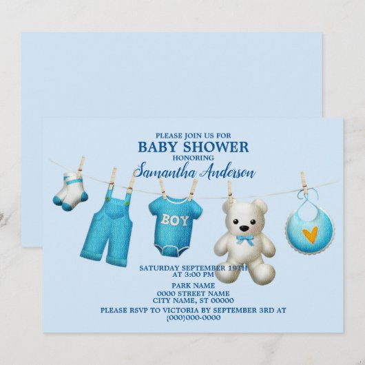 Baby shower Blauwe Boys Prachtige Elegant Kaart (Voorkant / Achterkant)
