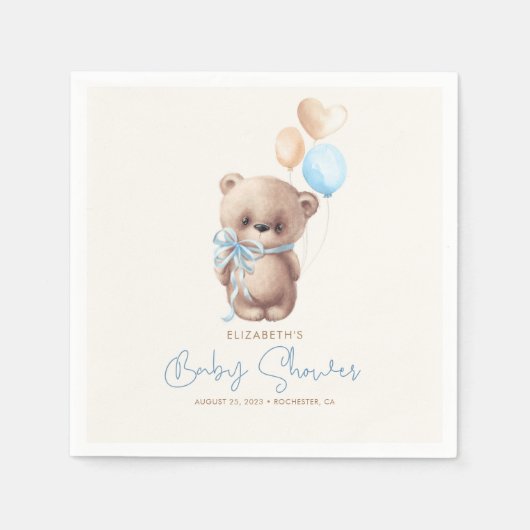 Baby shower Blauwe en bruine Teddy Bear Servet (Voorkant)