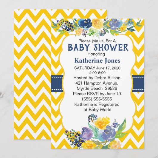 Baby shower blauwe en gele Waterverf bloemen Kaart (Voorkant / Achterkant)