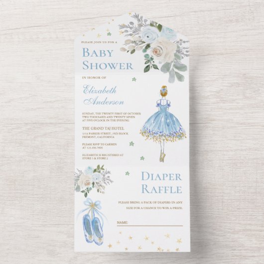 Baby shower Blauwe en goudbloem Ballerina All In One Uitnodiging (Binnen)