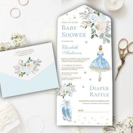 Baby shower Blauwe en goudbloem Ballerina All In One Uitnodiging