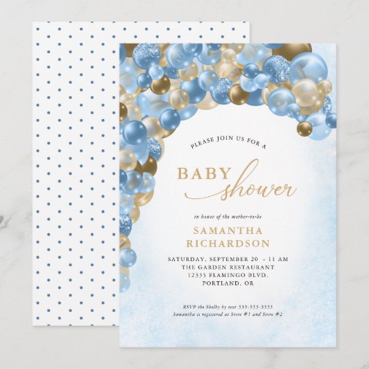 Baby shower Blauwe en gouden ballon Arch Boy Kaart (Voorkant / Achterkant)