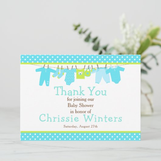 Baby shower Blauwe en groene Baby Bedankkaart (Staand voorkant)