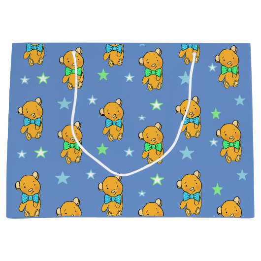 Baby shower Blauwe en groene Teddy Bear Stars Groot Cadeauzakje (Voorkant)