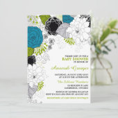 Baby shower Blauwe en Groene Whimsical Flowers Kaart (Staand voorkant)