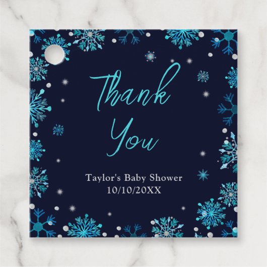 Baby shower Blauwe en Zilveren Snowflakes Hartelij Bedankjes Labels (Voorkant)