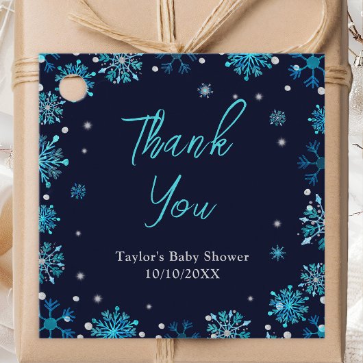 Baby shower Blauwe en Zilveren Snowflakes Hartelij Bedankjes Labels