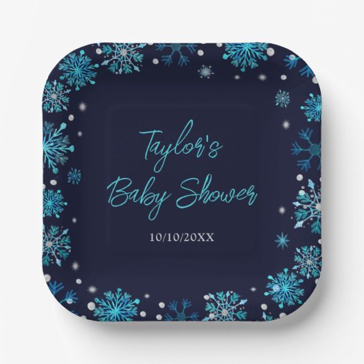 Baby shower Blauwe en Zilveren Snowflakes Papieren Bordje (Voorkant)