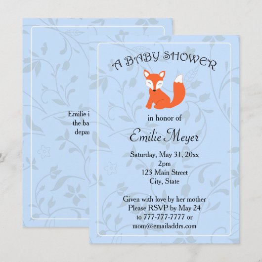 Baby shower Blauwe Floral Fox Woodland Kaart (Voorkant / Achterkant)