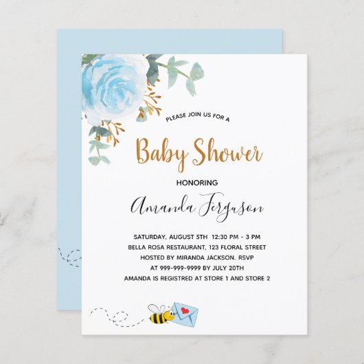 Baby shower blauwe florale eucalyptusbijenkop (Voorkant / Achterkant)