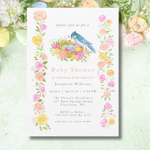 Baby Shower Blauwe Gaai met Vogelnest en Rozen  Kaart