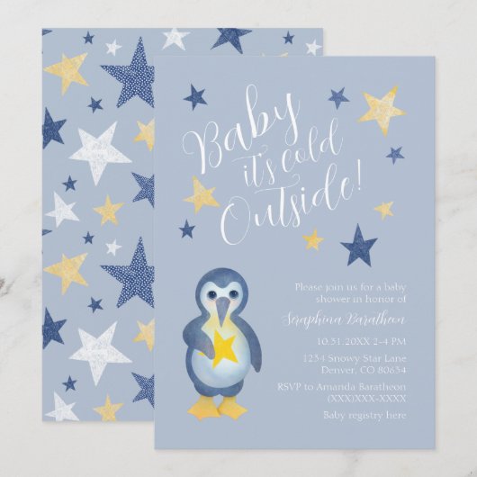 Baby shower Blauwe Gele Winterpinguïn Kaart (Voorkant / Achterkant)