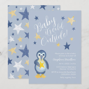 Baby shower Blauwe Gele Winterpinguïn Kaart