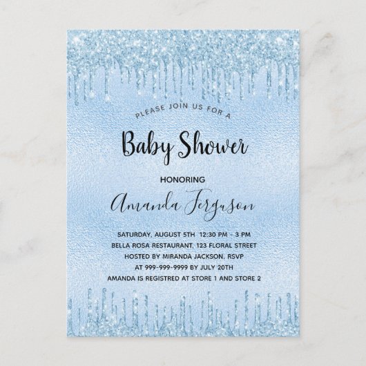 Baby shower blauwe glitter druppelt jongen uitnodiging briefkaart (Voorkant)