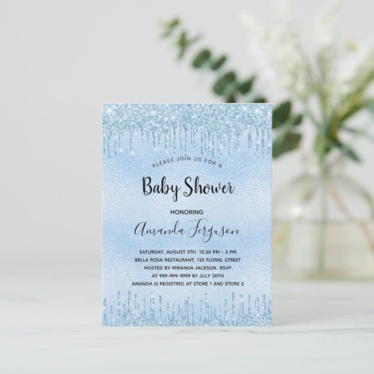 Baby shower blauwe glitter druppelt jongen uitnodiging briefkaart (Staand voorkant)