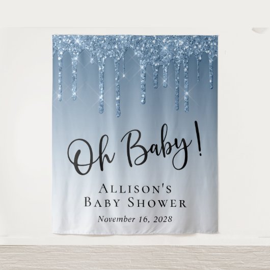 Baby Shower Blauwe Glitter Foto Achtergrond Wandkleed (Voorkant)