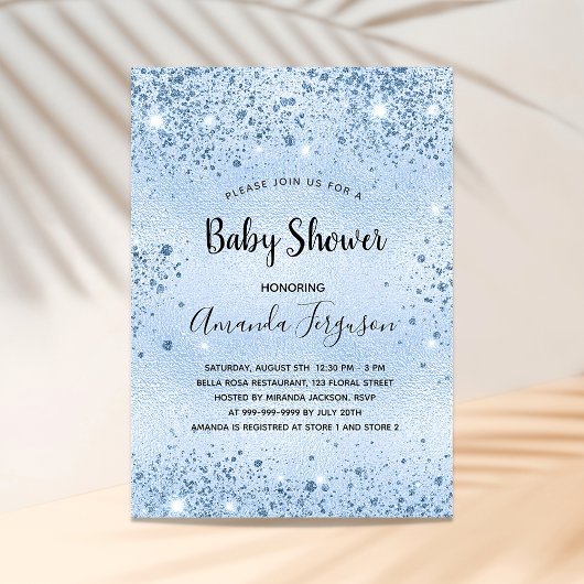 Baby shower blauwe glitter glamoureus kaart