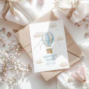 Baby shower blauwe hete luchtballon avontuur wacht kaart
