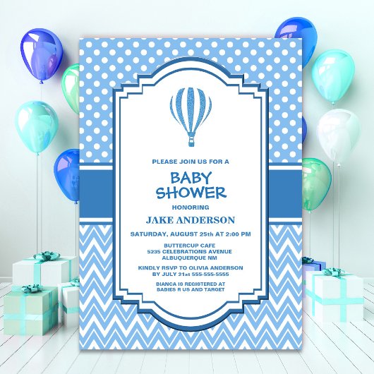 Baby shower Blauwe Hete Luchtballon Kaart
