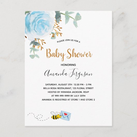 Baby shower blauwe hommel florale grienerboy uitnodiging briefkaart (Voorkant)