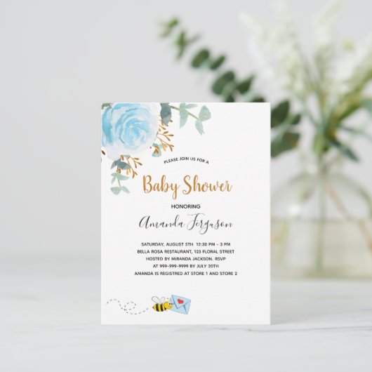 Baby shower blauwe hommel florale grienerboy uitnodiging briefkaart (Staand voorkant)