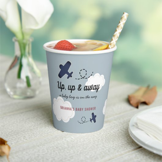 Baby shower Blauwe Jongen omhoog en weg Papieren Bekers (Insitu)