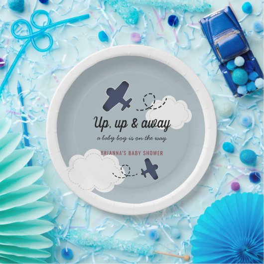 Baby shower Blauwe Jongen omhoog en weg Papieren Bordje (Feest)