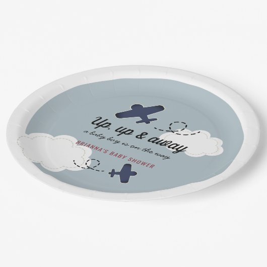 Baby shower Blauwe Jongen omhoog en weg Papieren Bordje (Gekanteld)