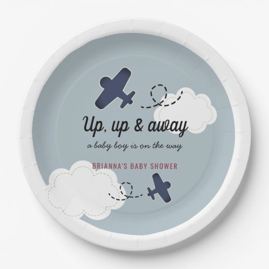 Baby shower Blauwe Jongen omhoog en weg Papieren Bordje (Voorkant)
