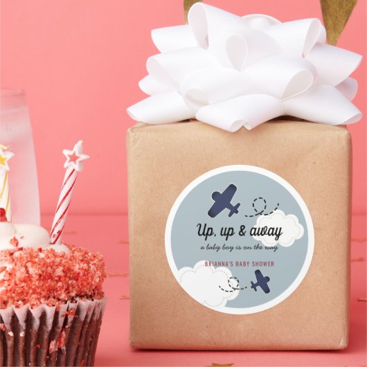 Baby shower Blauwe Jongen omhoog en weg Ronde Sticker (Feest)