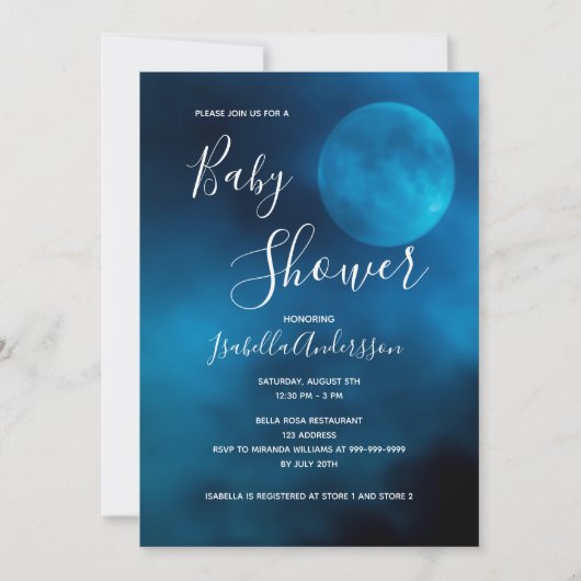 Baby shower blauwe maan typografie genderneutraal kaart (Voorkant)