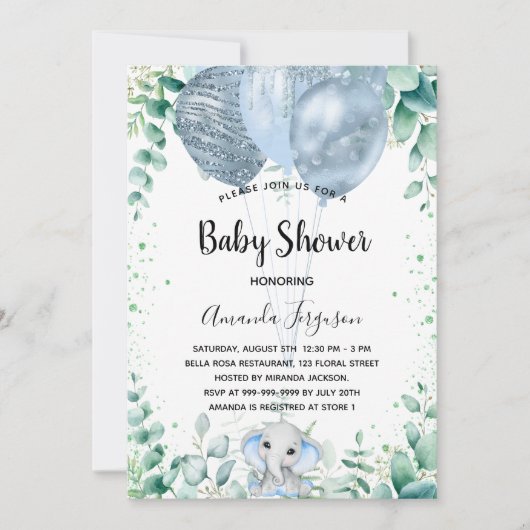 Baby shower blauwe olifant eucalyptus kaart (Voorkant)