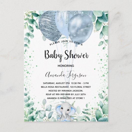 Baby shower blauwe olifant eucalyptus uitnodiging briefkaart (Voorkant)