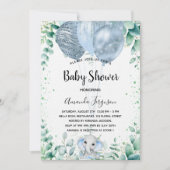 Baby shower blauwe olifant eucalyptusjongen luxe kaart (Voorkant)