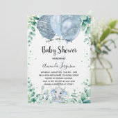Baby shower blauwe olifant eucalyptusjongen luxe kaart (Staand voorkant)