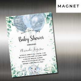 Baby shower blauwe olifant eucalyptusjongen luxe magnetische uitnodiging
