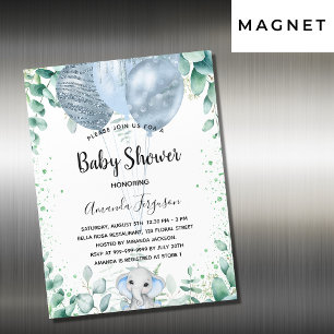 Baby shower blauwe olifant eucalyptusjongen luxe magnetische uitnodiging