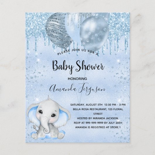 Baby shower blauwe olifant flyer (Voorkant)