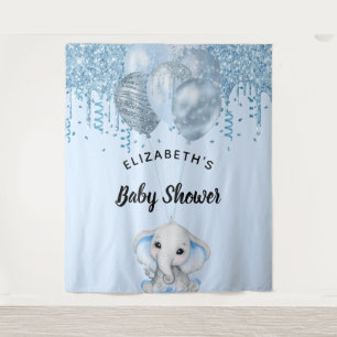 Baby Shower blauwe olifant jongen zilver Wandkleed