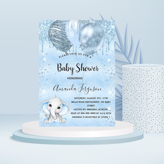 Baby shower blauwe olifantenballonnen kaart