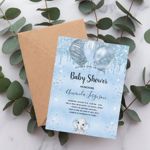 Baby shower blauwe olifantenballonnen uitnodiging briefkaart
