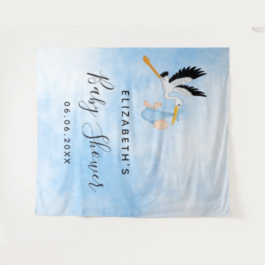 Baby Shower blauwe ooievaar jongen schattig Wandkleed (Voorkant (horizontaal))