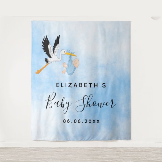 Baby Shower blauwe ooievaar jongen schattig Wandkleed (Voorkant)