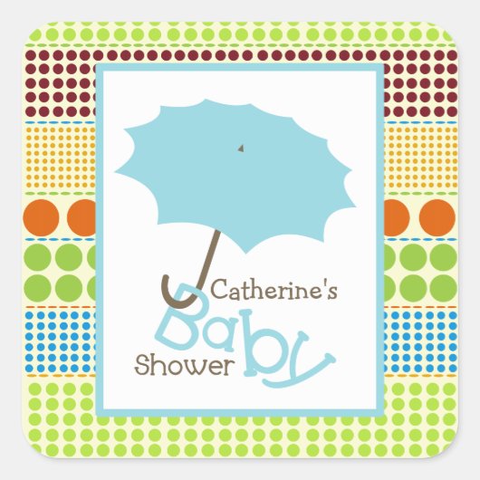 Baby shower Blauwe Paraplu & Boho Stippen Vierkante Sticker (Voorkant)