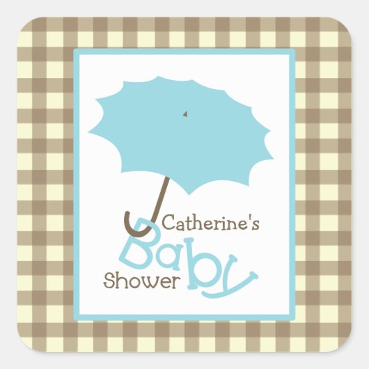 Baby shower Blauwe Paraplu & Bruine Gingham Vierkante Sticker (Voorkant)