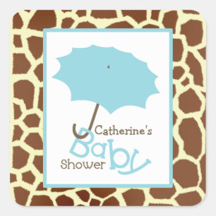 Baby shower Blauwe Paraplu & Giraffe Print Vierkante Sticker
