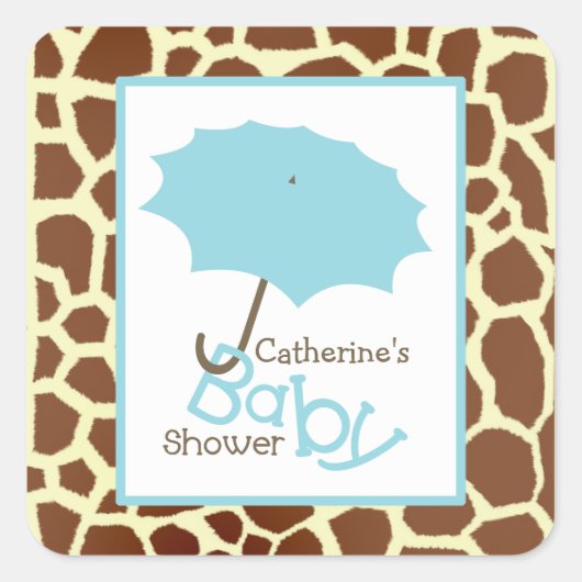 Baby shower Blauwe Paraplu & Giraffe Print Vierkante Sticker (Voorkant)